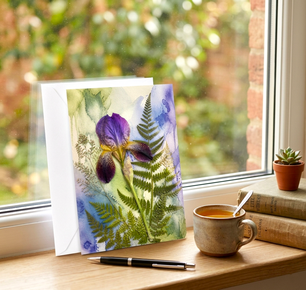 Purple Iris & Wild Fern Note Card, Handmade 5x7 Botanical Greeting Card