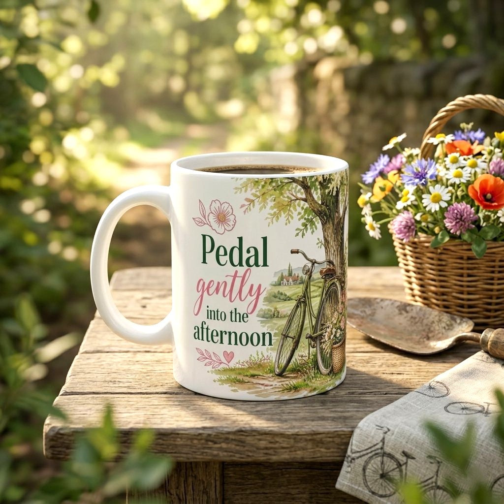 Pedal Gently Into The Afternoon ceramic mug with bicycle artwork

