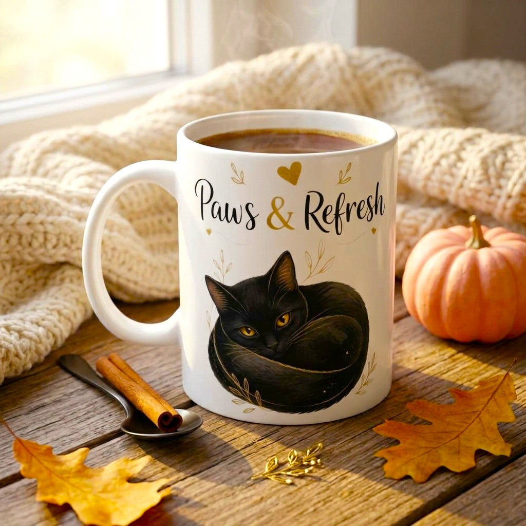 "Paws & Refresh" Cute Cat Ceramic Coffee Mug - Cozy Black Cat Aesthetic Tea Cup, Cat Mom Gift 11oz