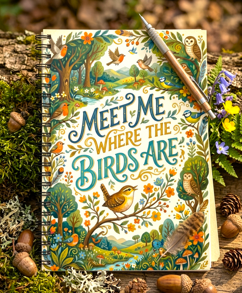 Botanical Bird Spiral Notebook - "Meet Me Where The Birds Are" Ruled Line Journal