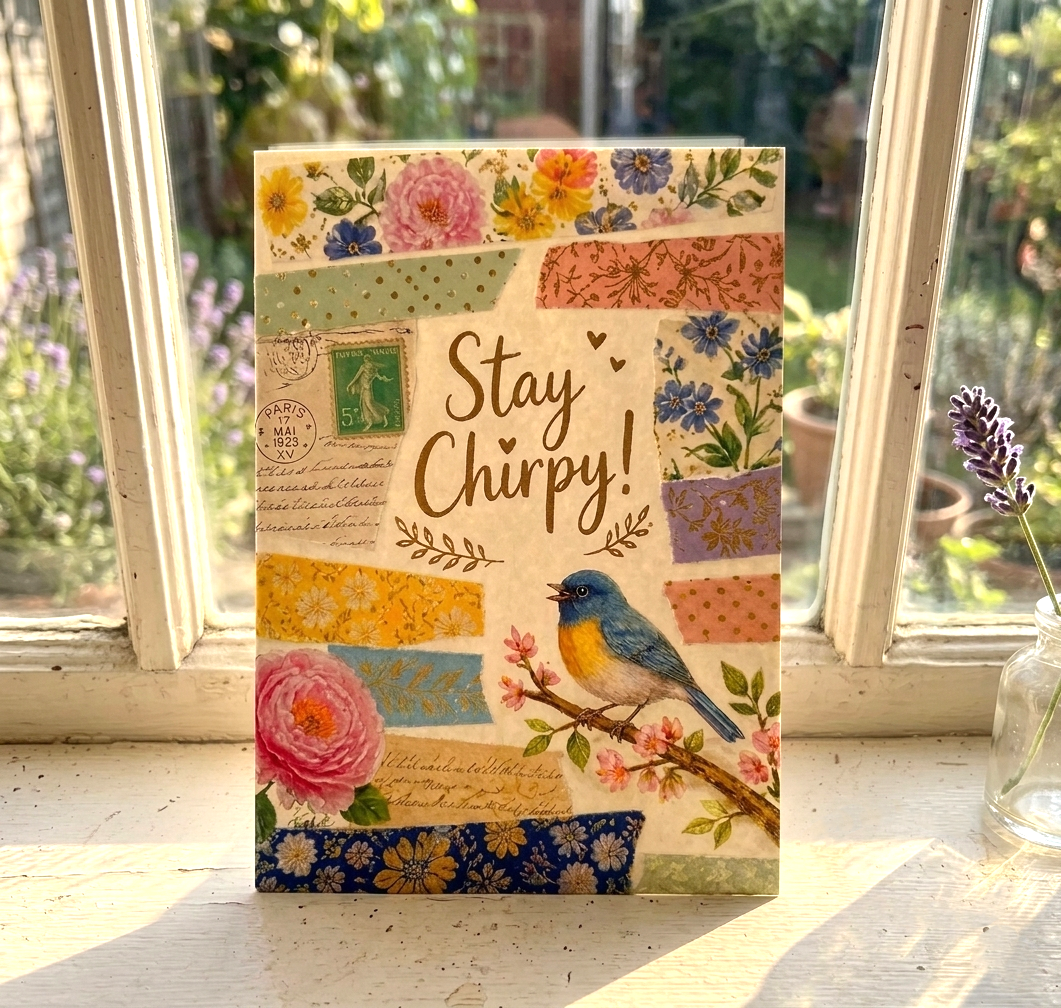 Vintage Chirpy Bird Note Card, Handmade 5x7 Encouragement Greeting Card