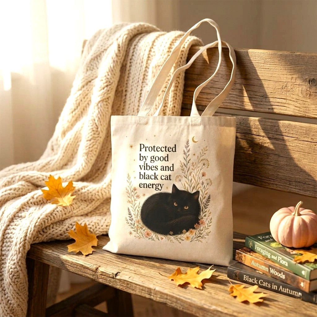 Cozy Black Cat Canvas Tote Bag - "Protected by Good Vibes & Black Cat Energy" Aesthetic Shoulder Bag