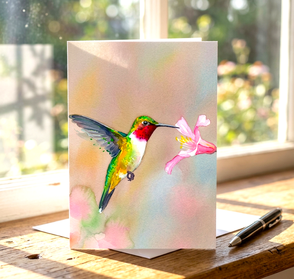 Watercolor Hummingbird Note Card, Handmade 5x7 Floral Bird Greeting Card