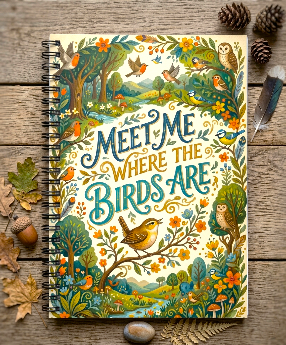 Botanical Bird Spiral Notebook - "Meet Me Where The Birds Are" Ruled Line Journal
