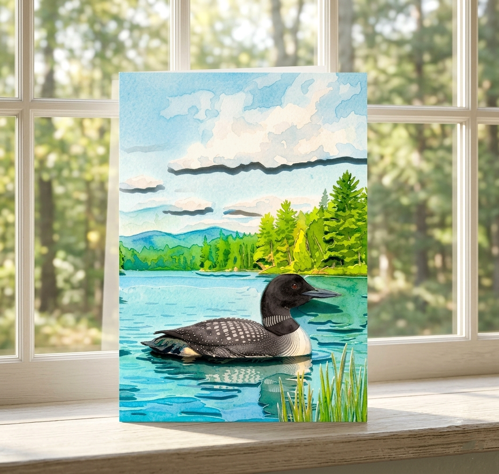 Lone Loon Note Card, Handmade 5x7 Great Lakes Nature Greeting Card