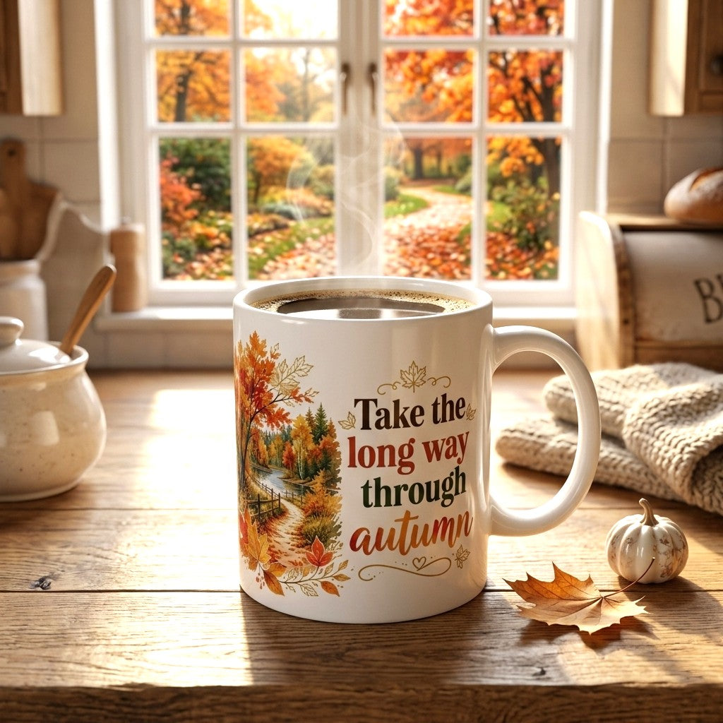 “Take the Long Way Through Autumn” white coffee mug
