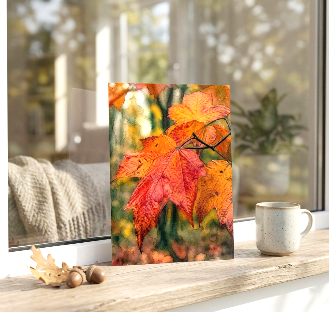 Autumn Maple Leaf Note Card, Handmade 5x7 Foliage Greeting Card