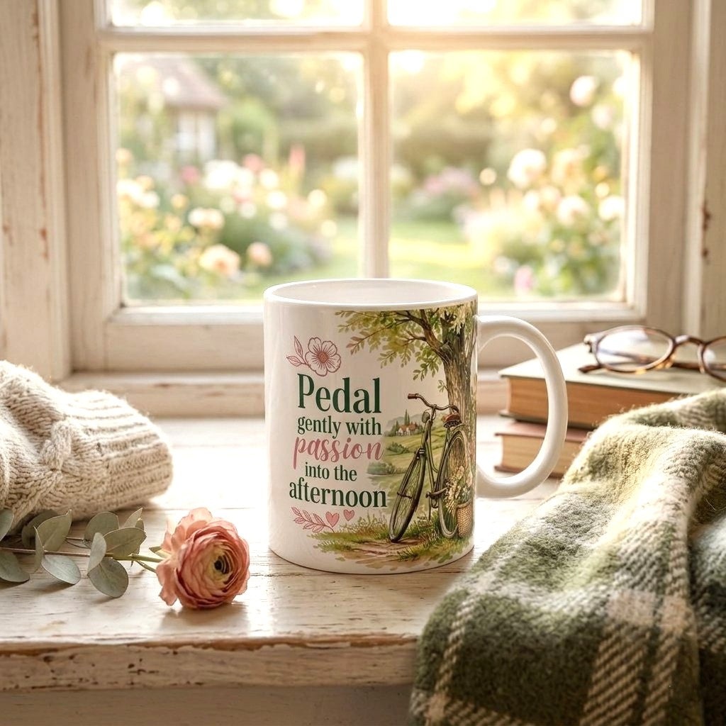 Watercolor bicycle mug with flowering tree and basket of petals
