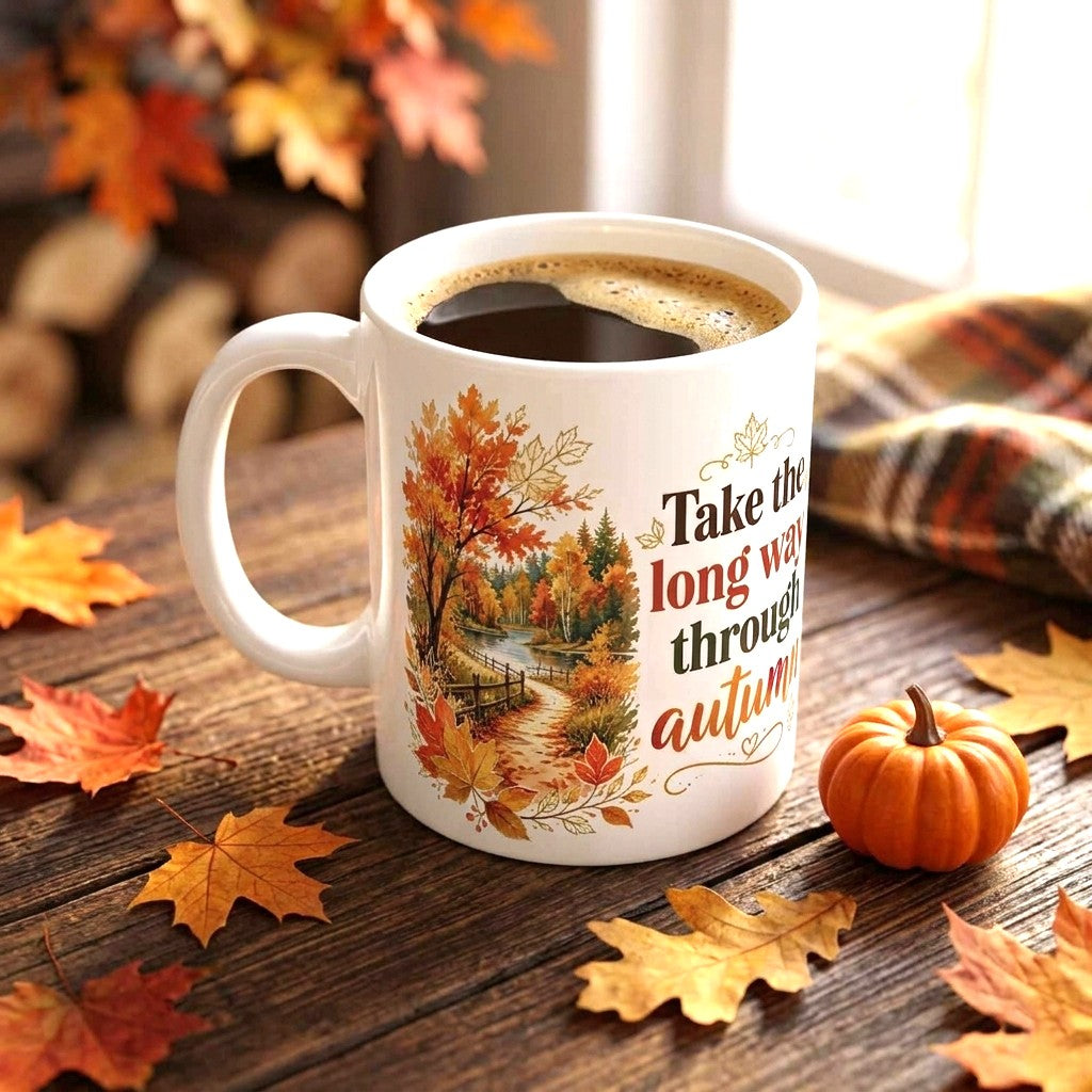 Autumn Scenic ceramic mug with watercolor trees and maple leaves
