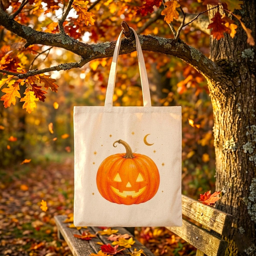 Jack-O'-Lantern Canvas Tote Bag | Cute Autumn & Halloween Grocery Bag, Spooky Season Cotton Tote, Fall Aesthetic Reusable Shopper