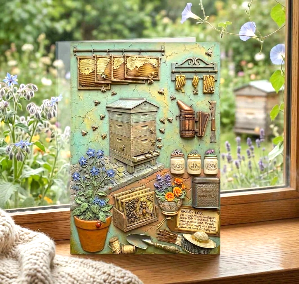 Bee & Honeycomb Note Card, Handmade 5x7 Apiary Greeting Card