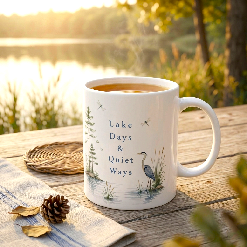 Lakefront Wildlife Ceramic Mug — Heron & Pines Nature Coffee Cup (11oz, 15oz)