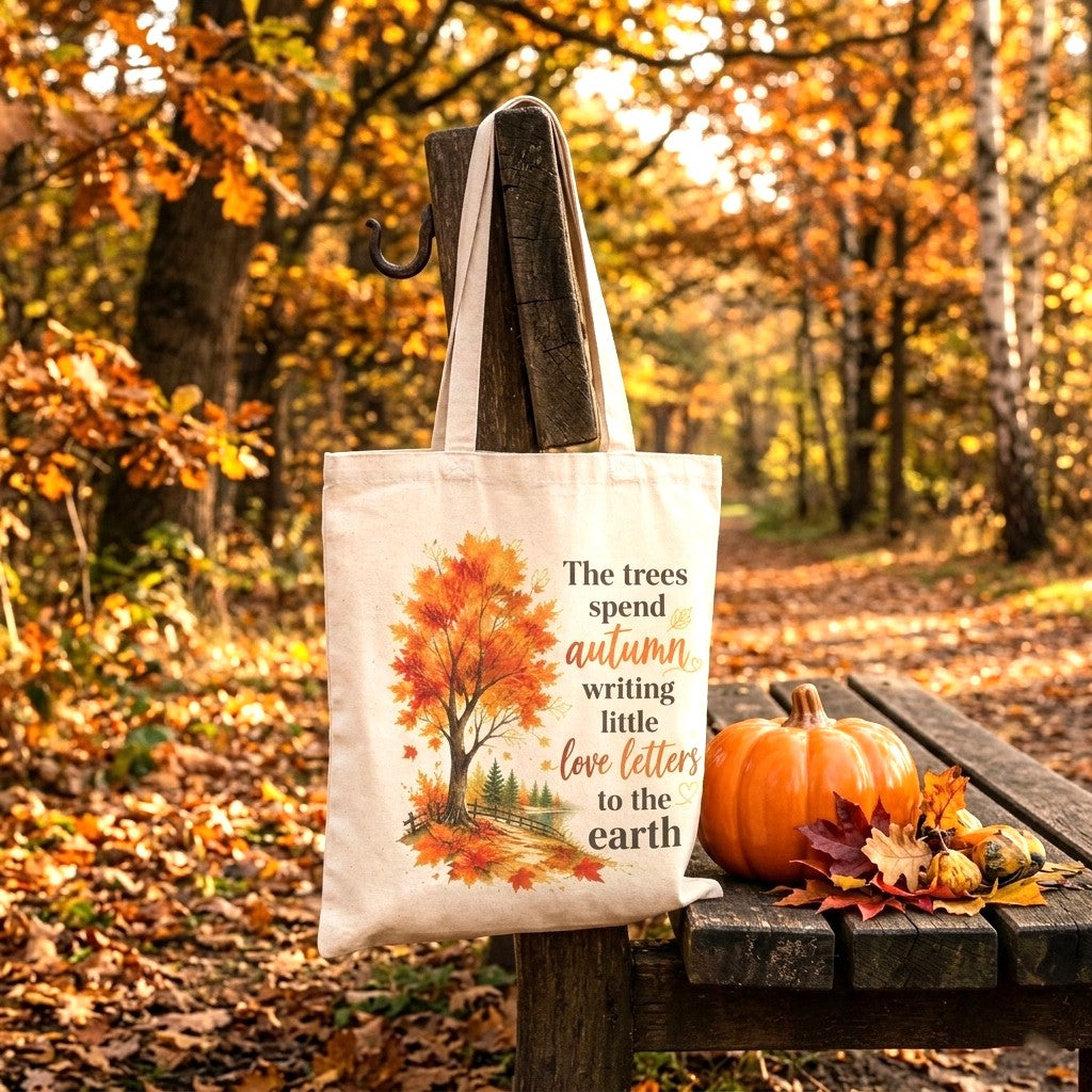 Canvas book bag with “The trees spend autumn writing little love letters” quote
