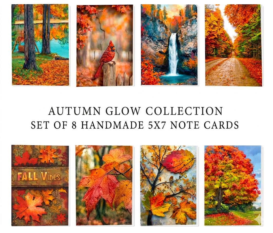 Autumn Glow Note Cards, Set of 8 Handmade 5x7 Fall Leaves Greeting Cards
