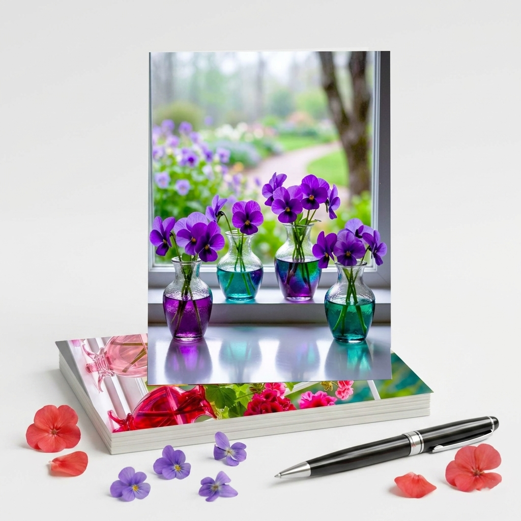 Floral Windowsill Note Cards, Set of 6 Handmade 5x7 Flower Greeting Cards