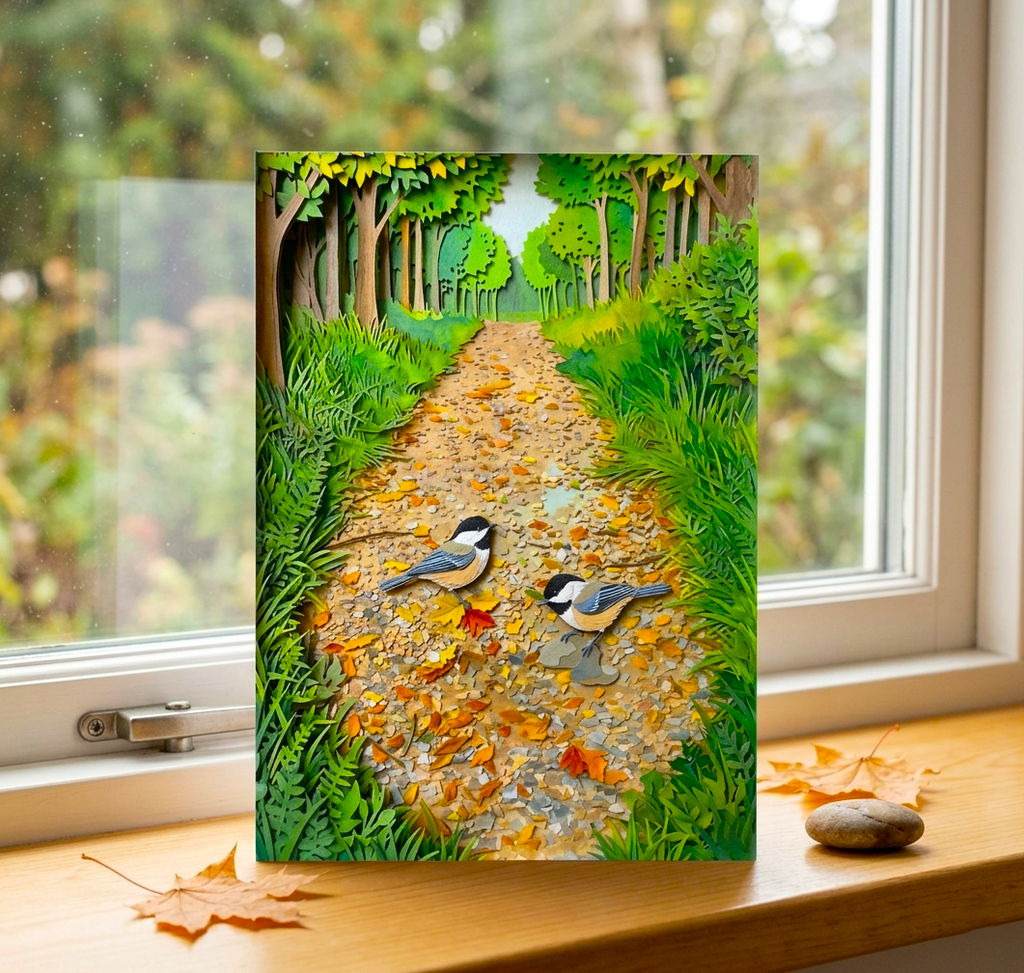 Chickadee Path Note Card, Handmade 5x7 Bird Nature Greeting Card