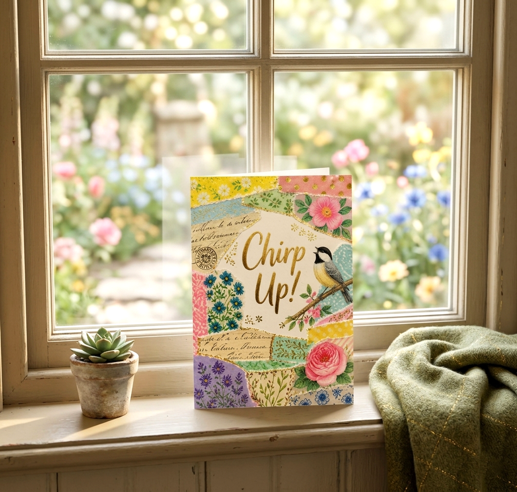 Chirp Up! Chickadee Note Card, Handmade 5x7 Encouragement Bird Greeting Card