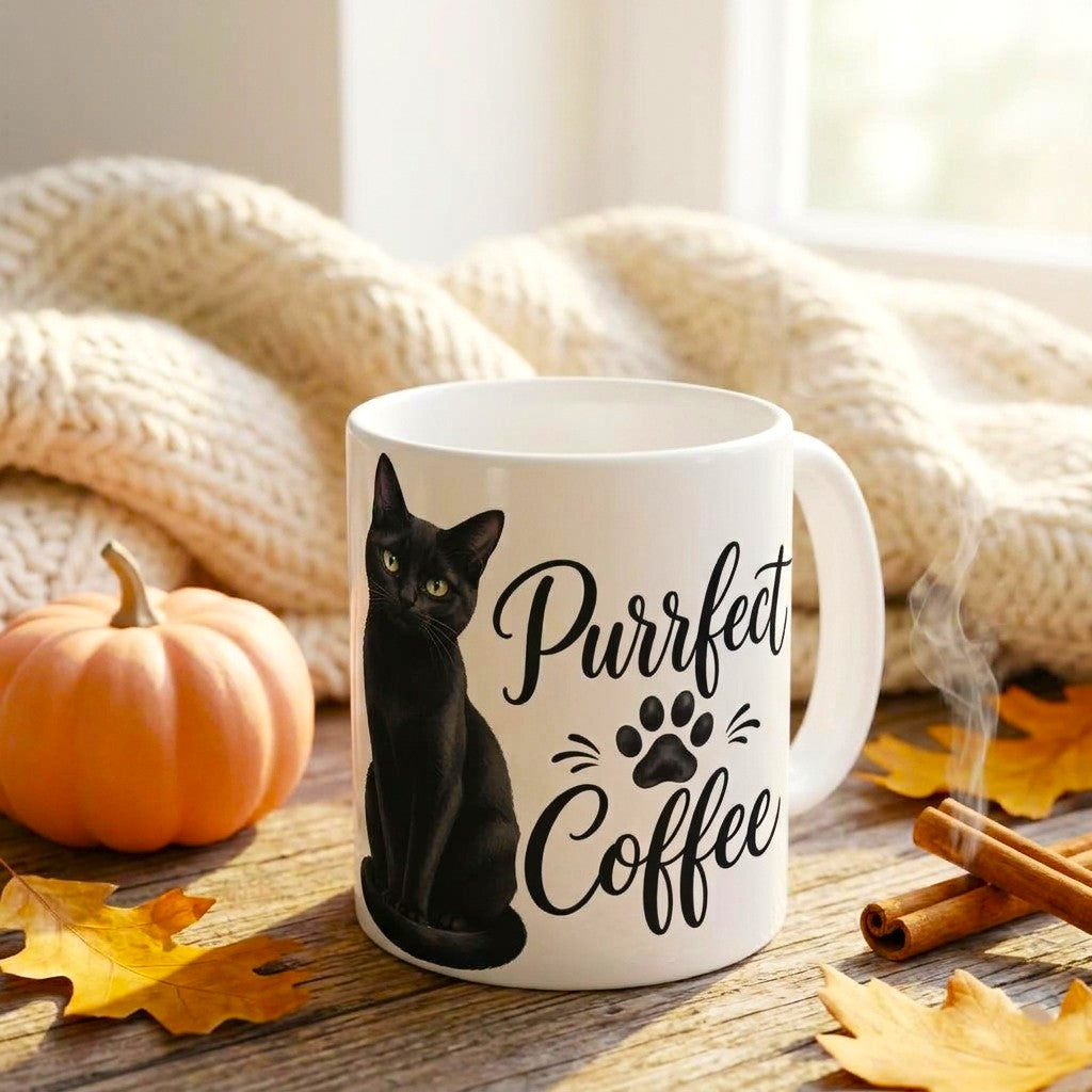"Purrfect Coffee" Black Cat Ceramic Mug - Cozy Aesthetic Paw Print Coffee Cup, Cat Mom Gift 11oz