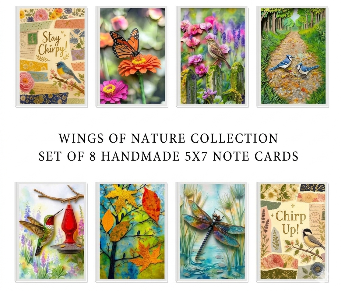 Enchanting Wings Note Cards, Set Of 8 Handmade 5x7 Assorted Greeting Cards