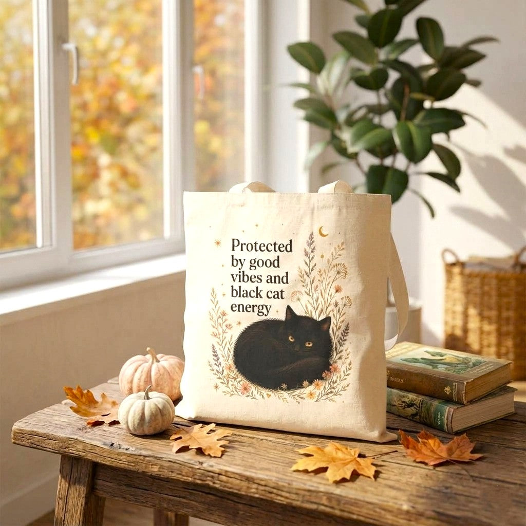 Cozy Black Cat Canvas Tote Bag - "Protected by Good Vibes & Black Cat Energy" Aesthetic Shoulder Bag