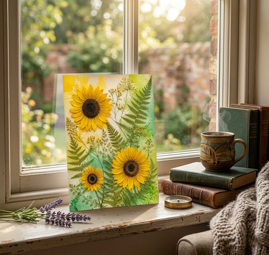 Sunflowers & Botanical Ferns Note Card, Handmade 5x7 Nature Greeting Card