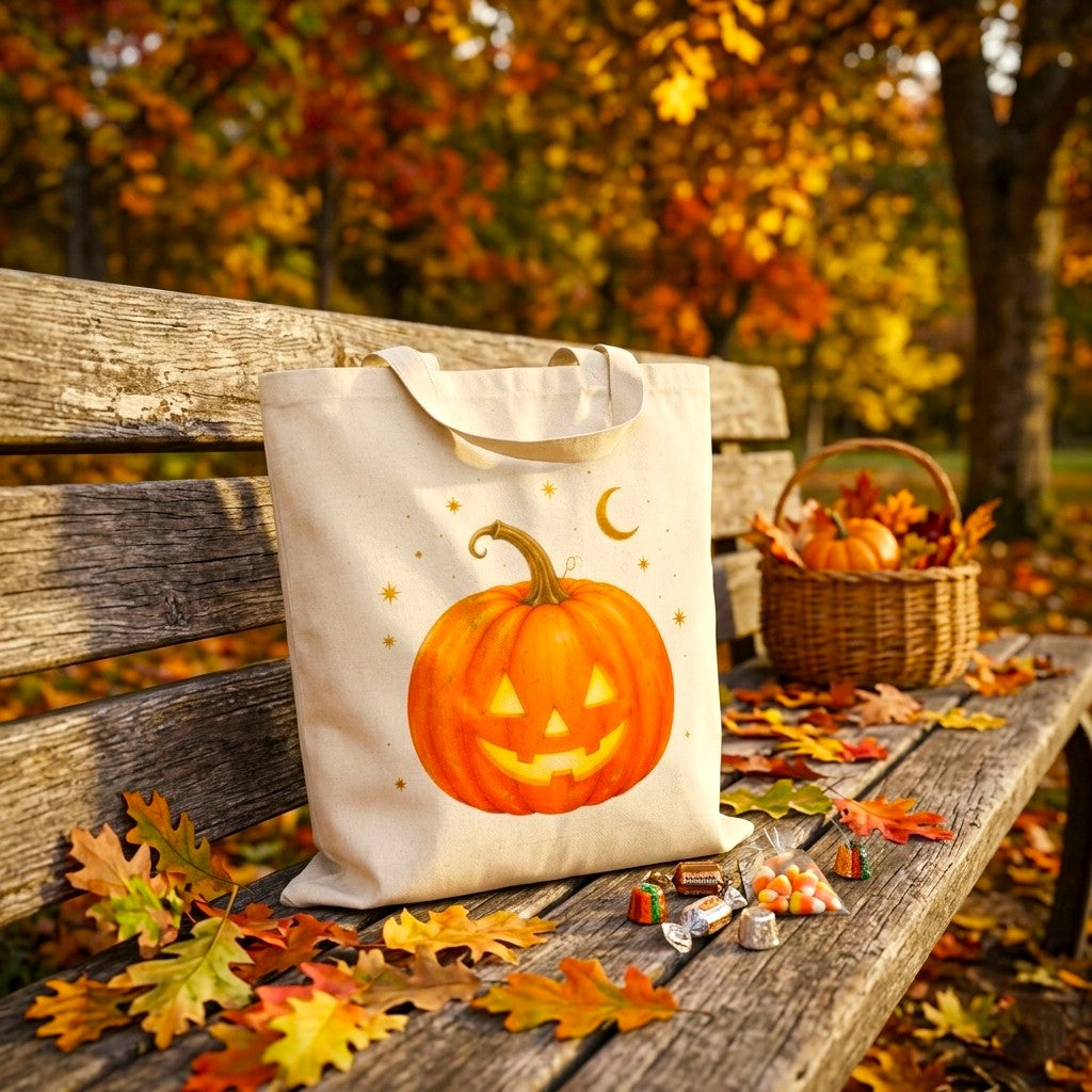 Jack-O'-Lantern Canvas Tote Bag | Cute Autumn & Halloween Grocery Bag, Spooky Season Cotton Tote, Fall Aesthetic Reusable Shopper