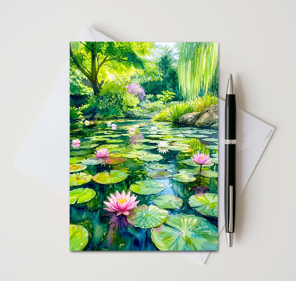 Water Lily Pond Note Cards, Set of 8 Handmade 5x7 Floral Impressionist Greeting Cards