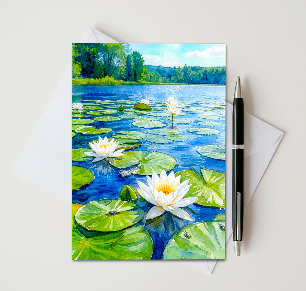 Water Lily Pond Note Cards, Set of 8 Handmade 5x7 Floral Impressionist Greeting Cards