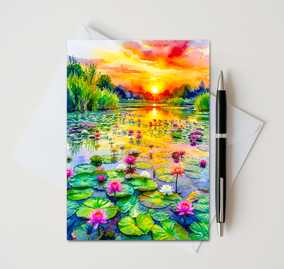 Water Lily Pond Note Cards, Set of 8 Handmade 5x7 Floral Impressionist Greeting Cards