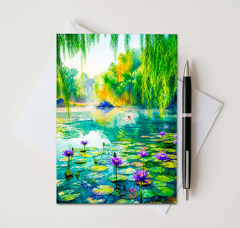 Water Lily Pond Note Cards, Set of 8 Handmade 5x7 Floral Impressionist Greeting Cards