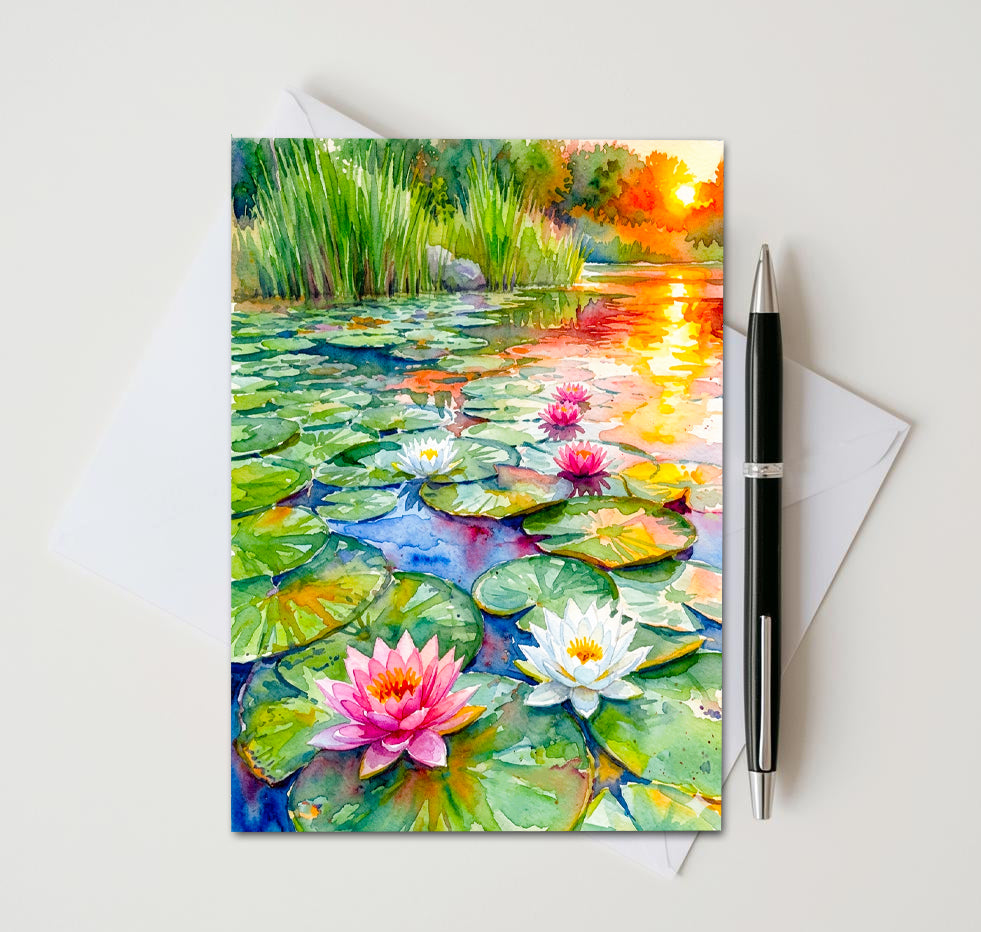 Water Lily Pond Note Cards, Set of 8 Handmade 5x7 Floral Impressionist Greeting Cards
