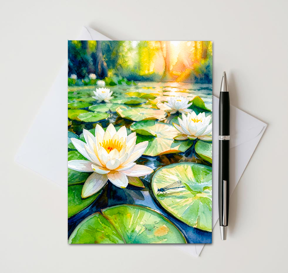 Water Lily Pond Note Cards, Set of 8 Handmade 5x7 Floral Impressionist Greeting Cards