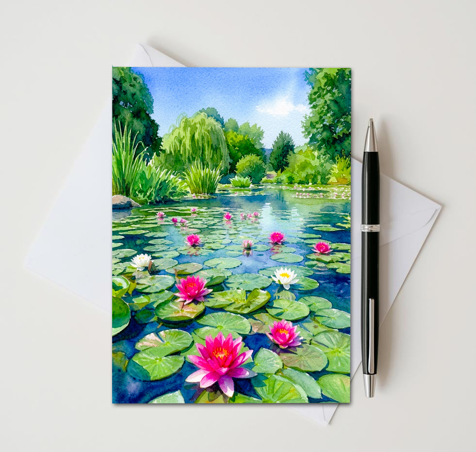 Water Lily Pond Note Cards, Set of 8 Handmade 5x7 Floral Impressionist Greeting Cards