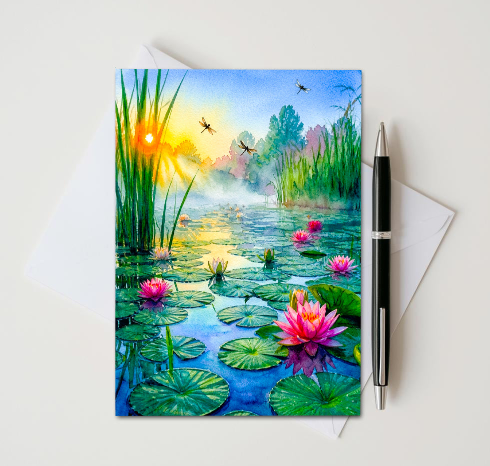 Water Lily Pond Note Cards, Set of 8 Handmade 5x7 Floral Impressionist Greeting Cards
