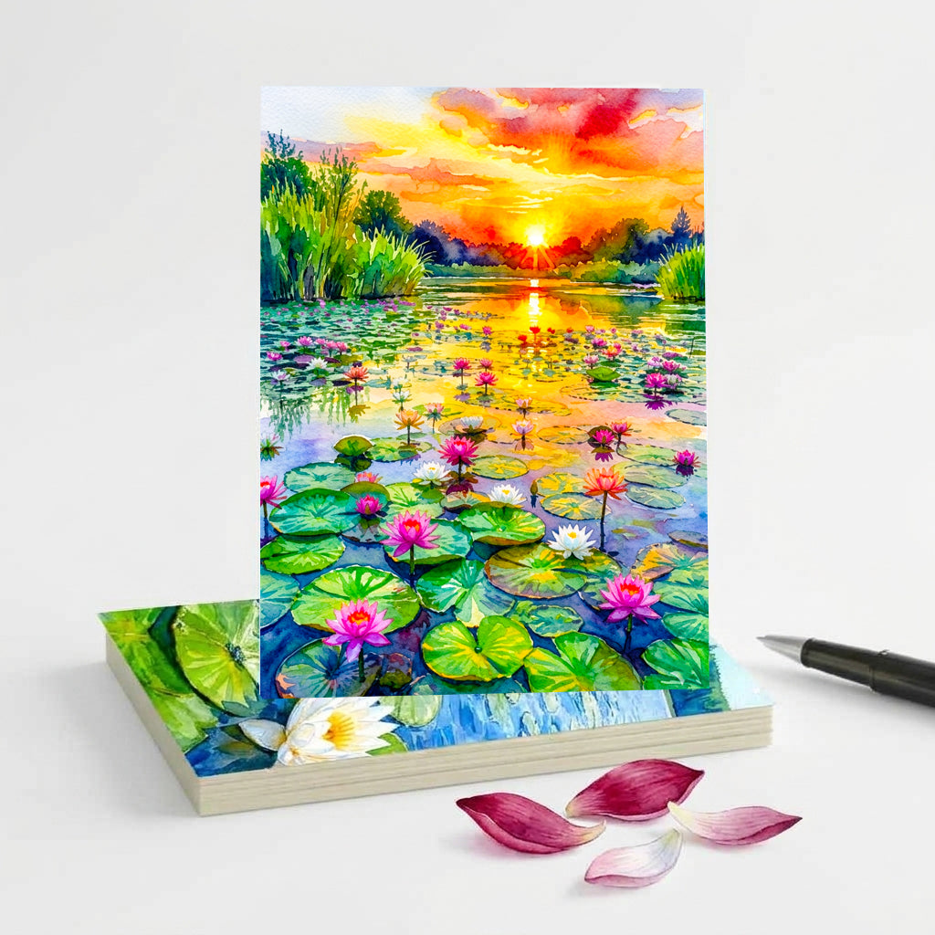 Water Lily Pond Note Cards, Set of 8 Handmade 5x7 Floral Impressionist Greeting Cards