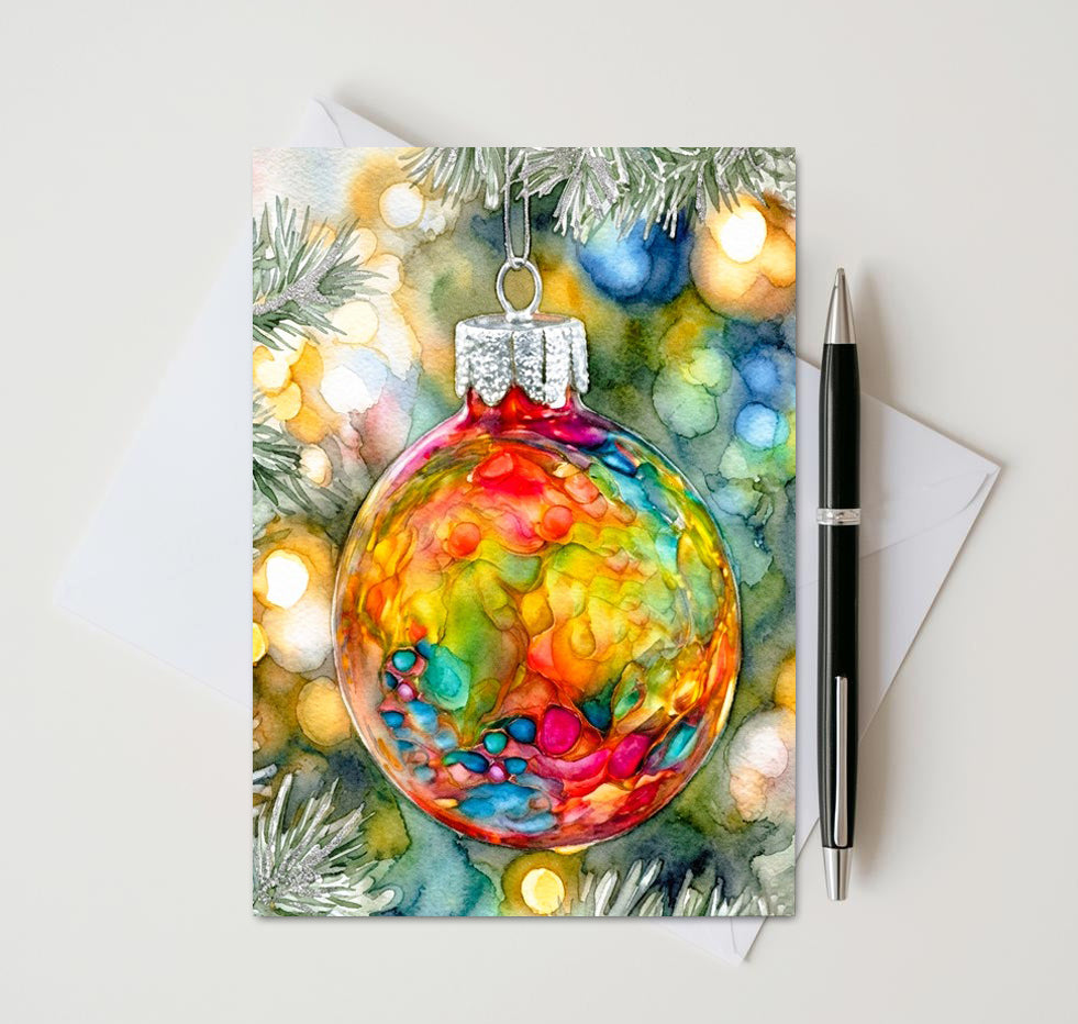 Christmas card with rainbow-colored ornament framed by snowy pine branches and glowing lights
