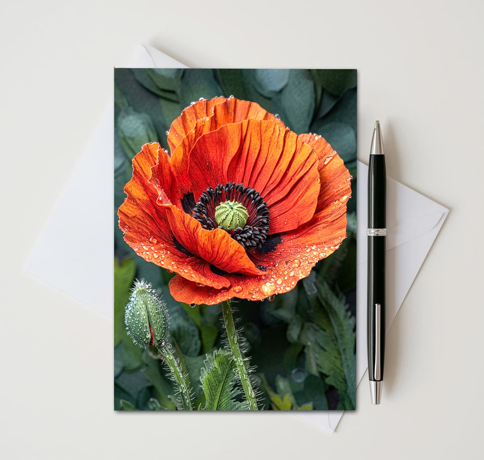 Orange Poppy Note Card, Handmade 5x7 Botanical Floral Greeting Card