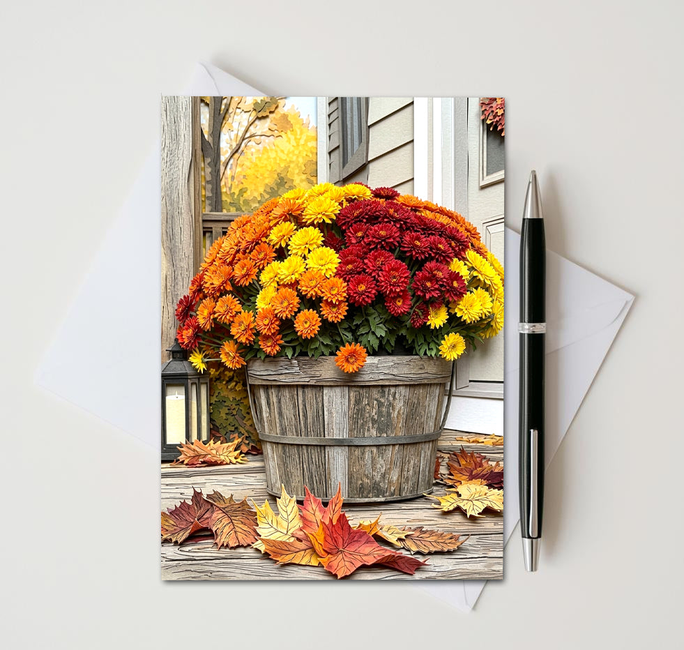 Autumn Mum Note Card, Handmade 5x7 Fall Floral Porch Greeting Card