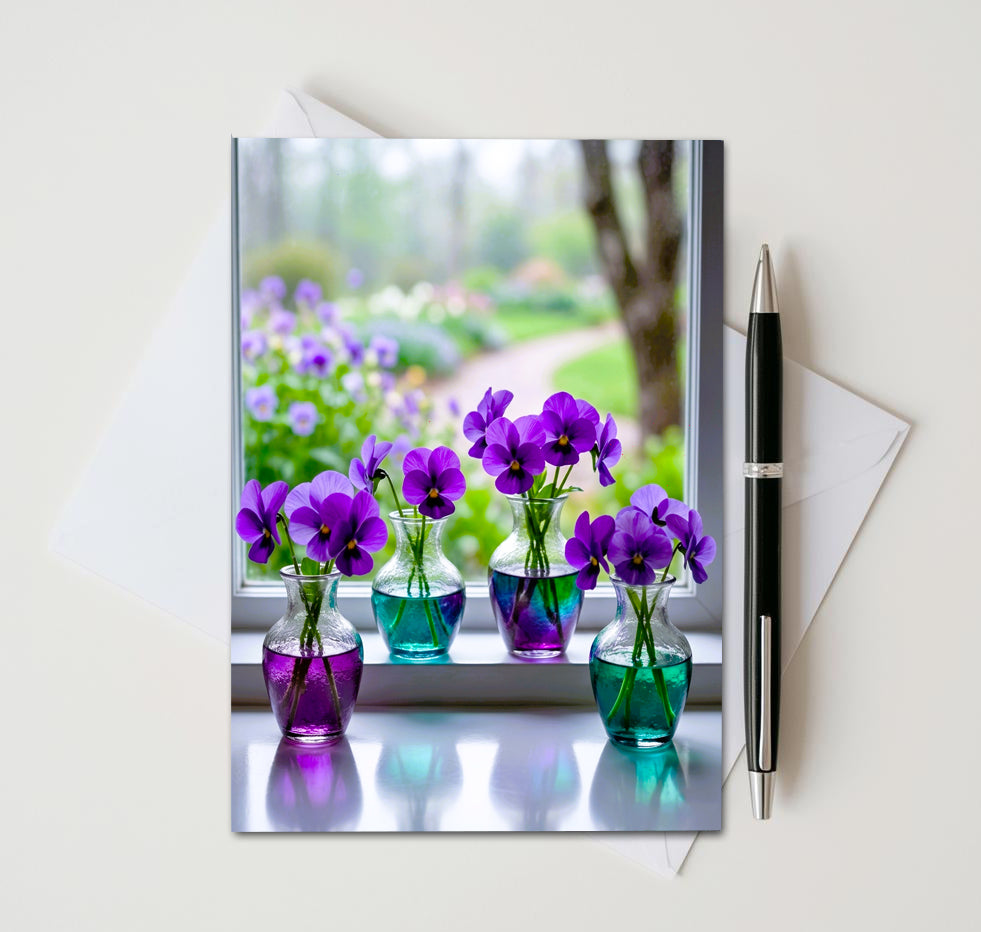 Floral Windowsill Note Cards, Set of 6 Handmade 5x7 Flower Greeting Cards
