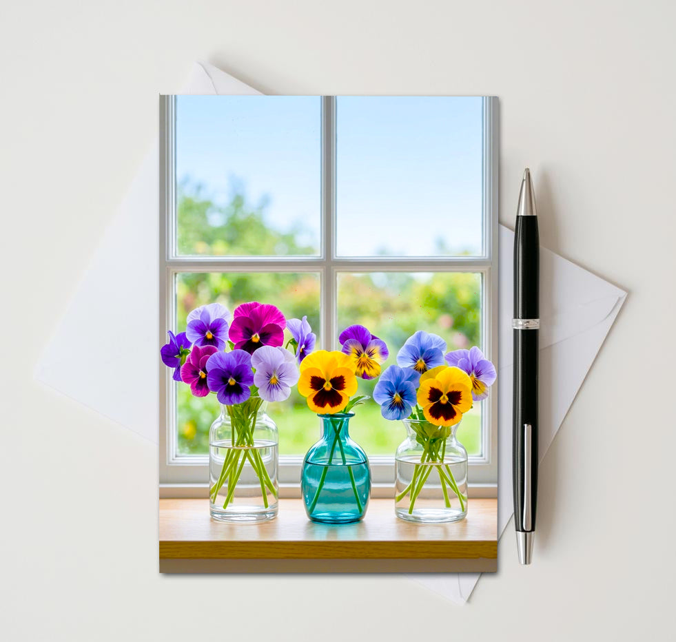 Floral Windowsill Note Cards, Set of 6 Handmade 5x7 Flower Greeting Cards