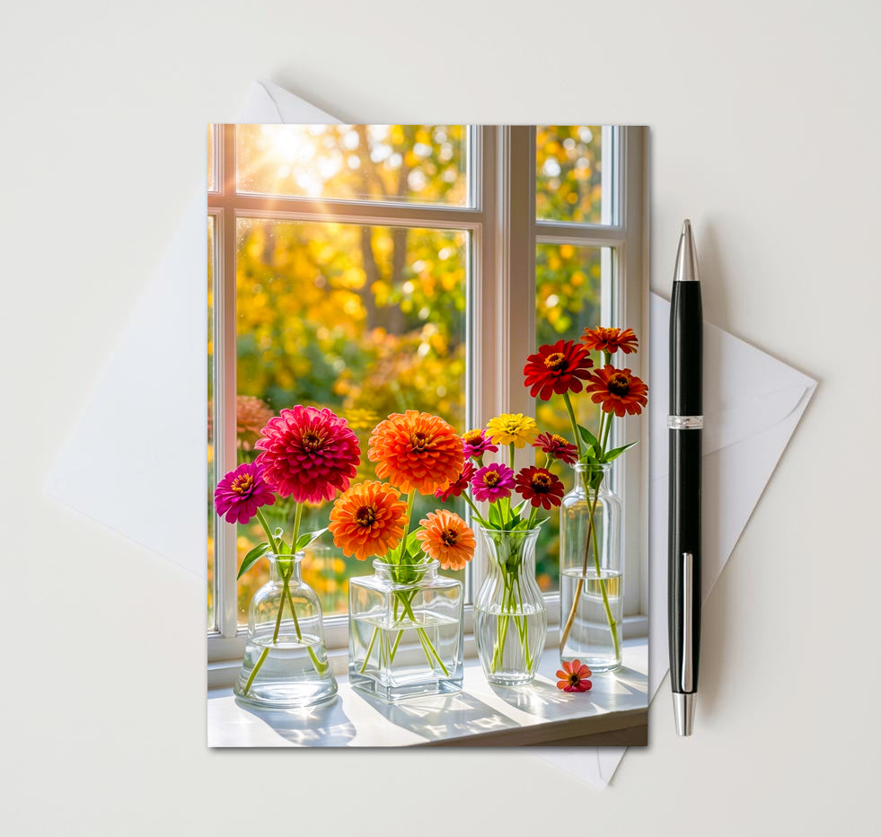 Floral Windowsill Note Cards, Set of 6 Handmade 5x7 Flower Greeting Cards