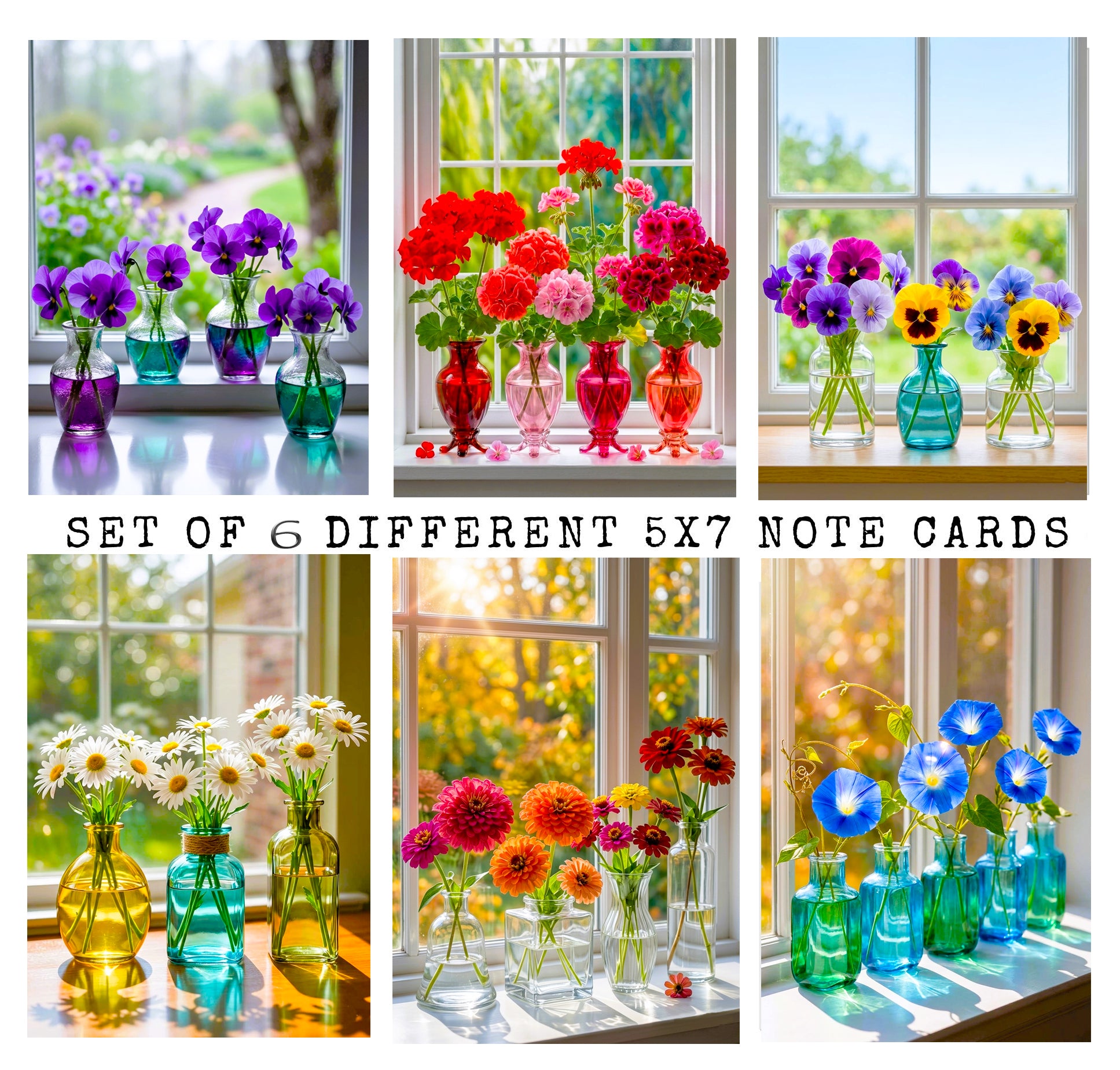 Floral Windowsill Note Cards, Set of 6 Handmade 5x7 Flower Greeting Cards