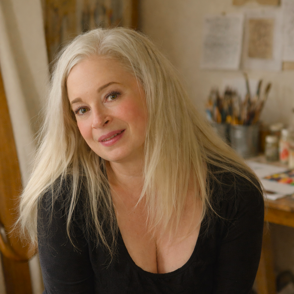 Woman with blonde hair sitting in a room with art supplies
