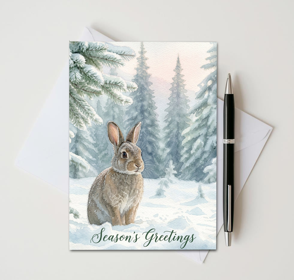 Season’s Greetings card with rabbit in a snow-covered forest, beside an envelope and pen
